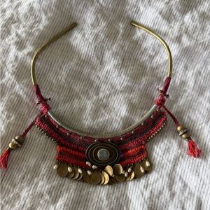 DePetra Handcrafted Hand Sewn Pearl Brass Artisan Red Gold Statement Necklace